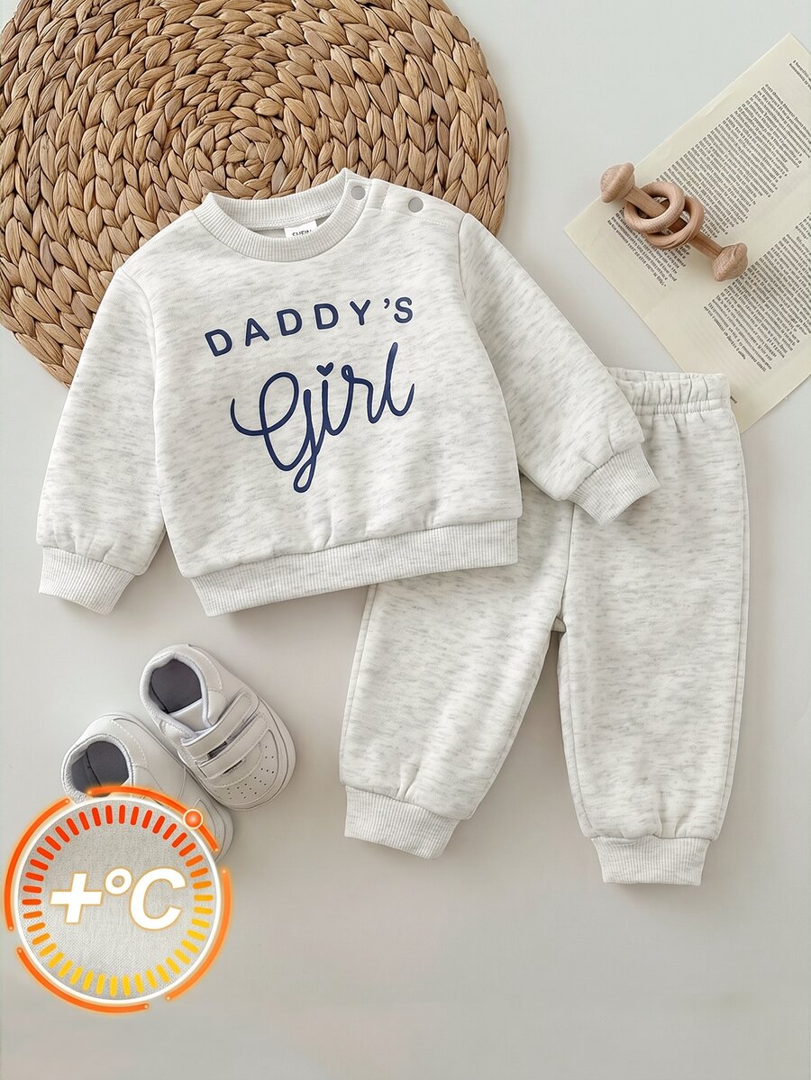 SHEIN Newborn Baby Long Sleeve Letter Print Crew Neck Top And Pants 2 Pieces Set - Grey - View 1
