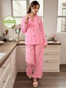 Snug Reverie Women's 100% Pure Cotton Pink Romantic Ruffle Trim Party Open Front Loungewear Set - Pink - View 2