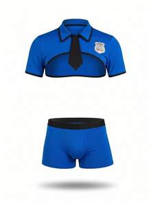 DrisQ DrisQ Bộ trang phục cosplay nam gồm áo ngắn tay dáng crop phối màu tương phản và quần short - Màu xanh lam - Xem 4