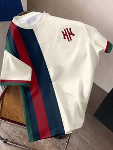 Teen Boy Casual Minimalist Short Sleeve Crew Neck T-Shirt, Suitable For Summer, Classic Striped Pattern Print, Delicate Small Logo Pattern Print - Multicolor - View 1