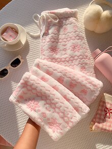 Comfortcana Women's Fluffy Snowflake & Geometric Pattern Long Pants, Comfortable For Home Wear - Pink - View 10