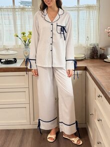Snug Reverie Korean Style Striped Bow Pajama Set Women's Lapel Loungewear - White - View 4