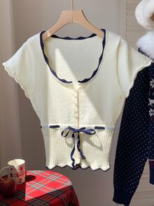 Comfortcana Women's Square Neck Short Sleeve Drawstring Tie Button Front Cardigan - White - View 8