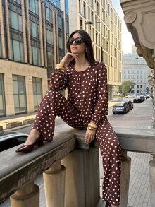 SHEIN PariChic طقم نسائي من قطعتين قميص بأكمام طويلة وبنطال بطبعة نقاط فرنسية - بني - مشاهدة 4