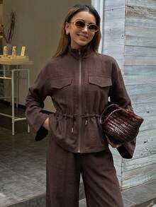 Dazy Tall Women's Stand Collar Long Sleeve Zip-Up Cinched Waist Large Pocket Jacket With Wide Leg Pants, Coffee Brown 2 Pieces Set - Coffee Brown - View 7