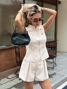 Serisse Women's Casual Button Decor Zipper Stand Collar Vest And Shorts 2 Pieces Set - Apricot - View 7
