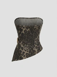 Sweetra Women's Denim Animal Print Bandeau Top - Multicolor - View 2