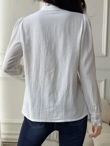DAZY Solid Color Loose Ruched Ruffle Long Sleeve Princess Sleeve Casual Vacation Korean Style Girl Spring Autumn Blouse Women Shirt - White - View 3