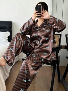 Napfluff CURVE Napfluff CURVE Bowknot Striped Faux Silk Lapel Plus Size Women's Pajama Set - Coffee Brown - View 4