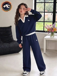 SHEIN Sparklyn 女童休閒兩件套，春秋冬季款，紐約字母圖案立領運動衫與短褲，保暖校園穿搭，適合日常穿著、上學、通勤、外出、散步、購物、旅行，可搭配夾克、背心、鋪棉外套 - 彩色 - 查看 3