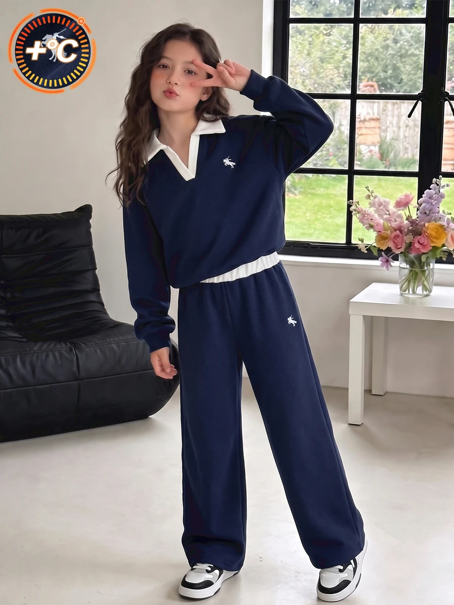 SHEIN Sparklyn 女童休閒運動風 80 年代兩件套,秋冬款,紐約字母圖案立領運動衫與短褲,校園穿搭,學校,海軍藍 - 彩色 - 查看 1