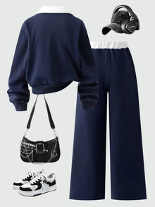 SHEIN Sparklyn 女童休閒兩件套，春秋冬季款，紐約字母圖案立領運動衫與短褲，保暖校園穿搭，適合日常穿著、上學、通勤、外出、散步、購物、旅行，可搭配夾克、背心、鋪棉外套 - 彩色 - 查看 2