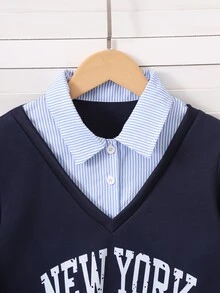 Genkimix Kids 女童休閒學院風春夏秋冬新款蝴蝶結條紋純色落肩長袖2合1衛衣+百褶條紋裙兩件套，舒適返校穿搭，四季皆宜 - 彩色 - 查看 4