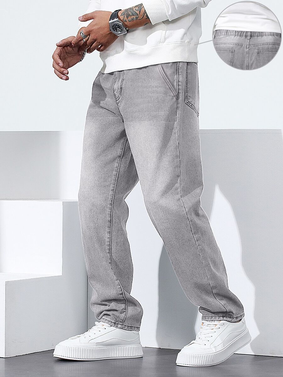 QuarKem Men's Washed Grey Semi-Elastic Waist Straight Leg Jeans - Grey - View 1