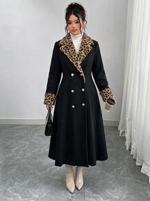 Elenzga Plus Size Women's New Leopard Print Patchwork Solid Color Wool Blend Mid-Length Coat, Autumn/Winter Overcoat, Fashion Coat, Mid-Length Coat, Overcoat - Black - View 4