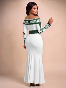 Brilight Geo Print Off Shoulder Long Sleeve Maxi Bodycon Dress Pattern Slim Mermaid Gown For Party Wed - White - View 2