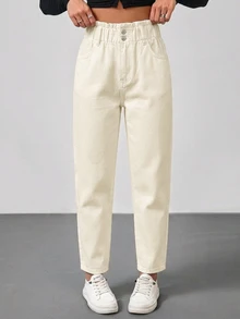 SHEIN Tall 女款荷葉邊腰頭口袋休閒錐形牛仔褲 - 杏色 - 查看 4