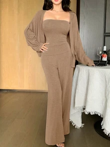 DAZY 女款3件套：灰色條紋抹胸上衣、細肩帶背心、開襟衫、T恤與直筒長褲，寬鬆休閒通勤居家穿搭，秋冬/夏季 - 卡其色 - 查看 2