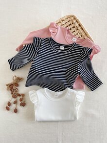 SHEIN Playful Pals 3件組女嬰粉色與白色條紋秋季可愛畢業返校軟彈素色荷葉邊長袖上衣休閒款 - 黑與白 - 查看 3