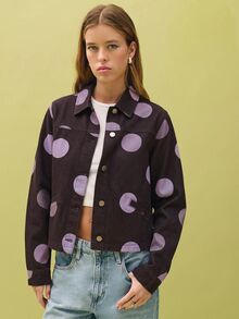 Nöista Big Dot Print Long Sleeves Denim Jacket - Red Violet - View 11