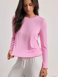 Ocili Comfortable Ribbed Rayon Contrast Color Scalloped Hem Women's Loungewear Top - Pink - View 4