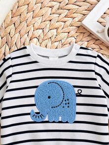 SHEIN Newborn Baby Cartoon Pattern Striped Sweatshirt And Denim Jeans Set - Blue - View 4