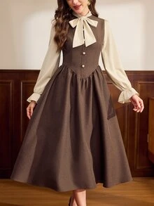 Vintamour Women's Fashion 2in1 Pleated Bow Design Long Dress - Brown - View 5