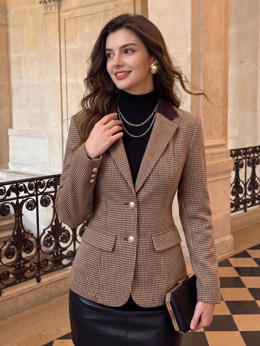 Vintamour Vintage Elegant Women's Autumn/Winter Wool Houndstooth Colorblock Patchwork Button Blazer Jacket, Casual Commute Vacation Holiday - Brown - View 1