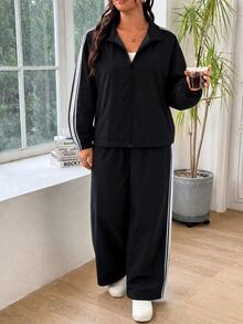 SHEIN EZwear 大尺碼女款對比色長袖上衣與長褲休閒日常兩件套秋季 - 黑與白 - 查看 4