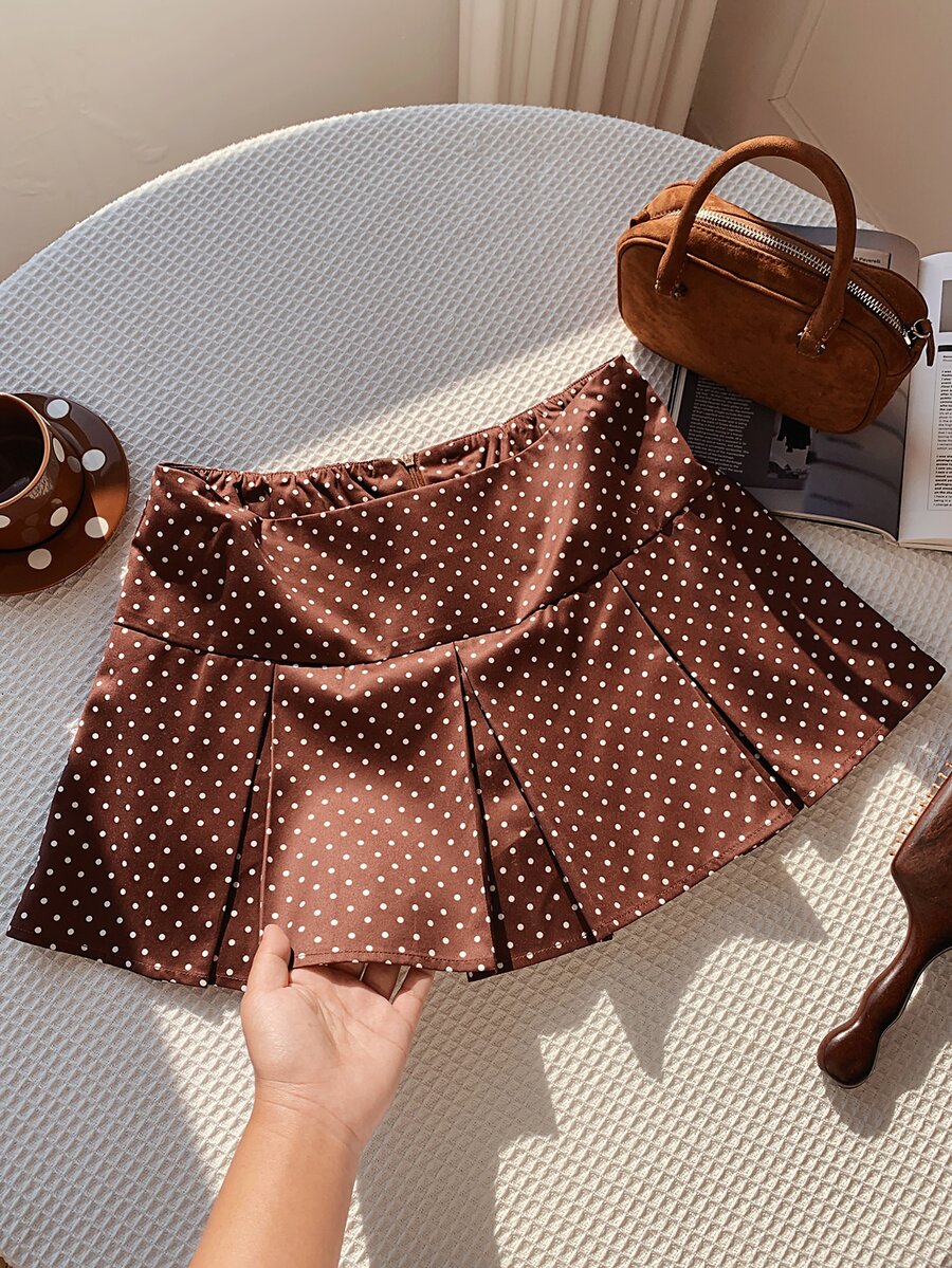 Comfortcana Summer Wide Waistband Fold Pleated Detail Skirt - Brown - View 1