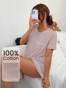 Napfluff Women's Knit Round Neck Short Sleeve Trim Shorts Pajama Set - Pink - View 3