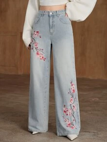 Anewsta Women's New Fashion Luxurious Heavy Embroidery Blue Jeans Straight Leg Pants - Blue - View 1