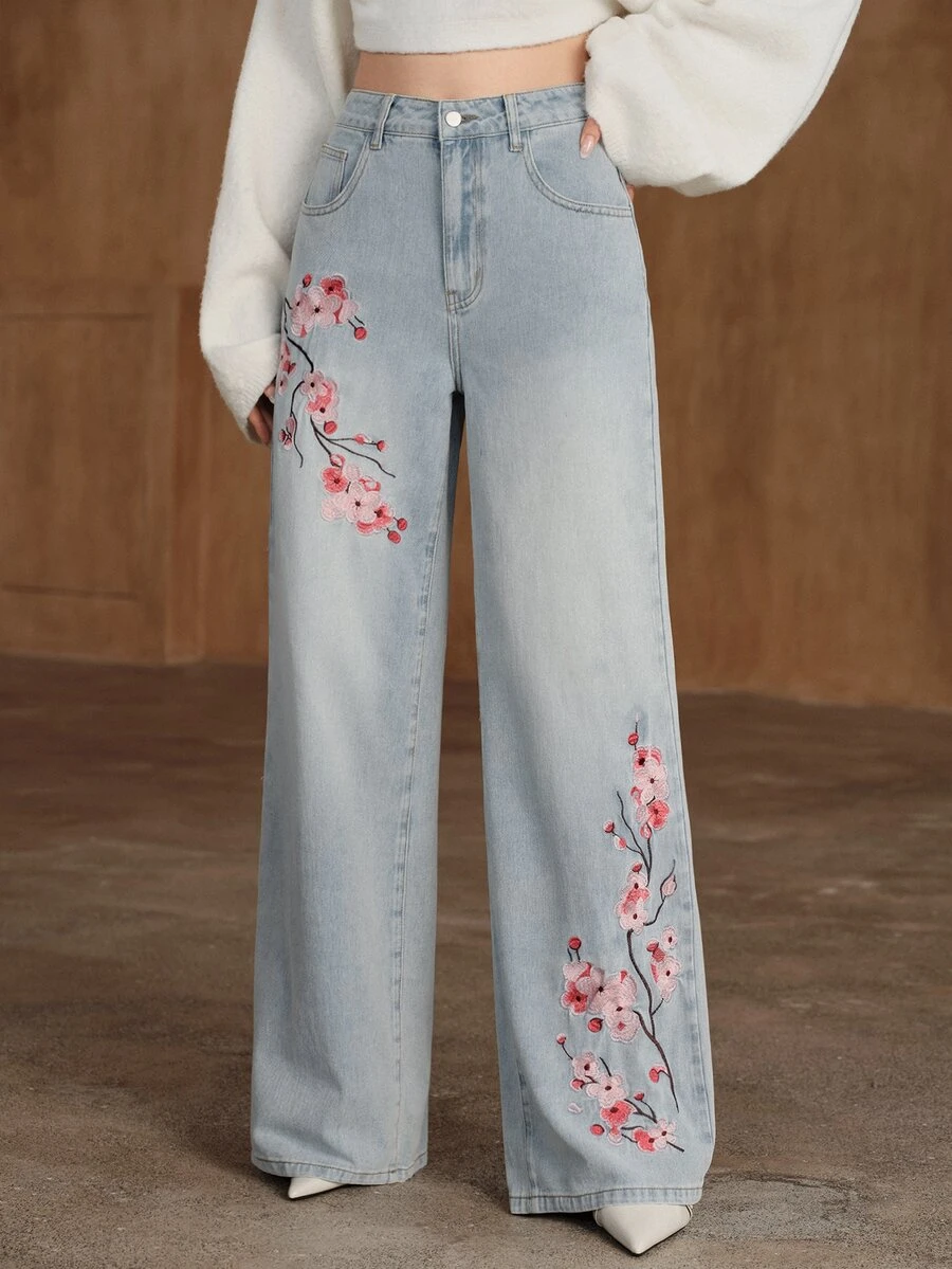 Anewsta Women's New Fashion Luxurious Heavy Embroidery Blue Jeans Straight Leg Pants - Blue - View 1