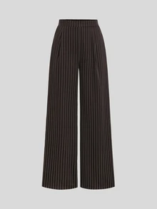 Sweetra Early Autumn New Vertical Stripe Waist-Cinching Top & Wide Leg Pants 2 Pieces Set, Elegant Slimming Commuter Suit Set For Women - Brown - View 3
