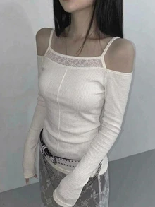 DAZY Women's White Lace Patchwork Cold Shoulder Ribbed Knit Fitted Long Sleeve Camisole Undershirt T-Shirt - White - View 5