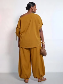 Zivah Women's Plus Size Asymmetrical Neckline Loose Fit 2 Pieces Set - Yellow - View 2