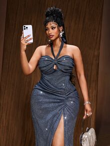 Maweii Plus Size Sleeveless Halter Neck Sexy Elegant Dress - Blue - View 2