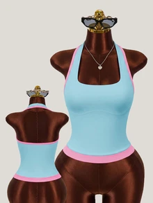 SHEIN Sweetro 女款拼色修身百搭日常穿著掛脖運動T恤 - 彩色 - 查看 2