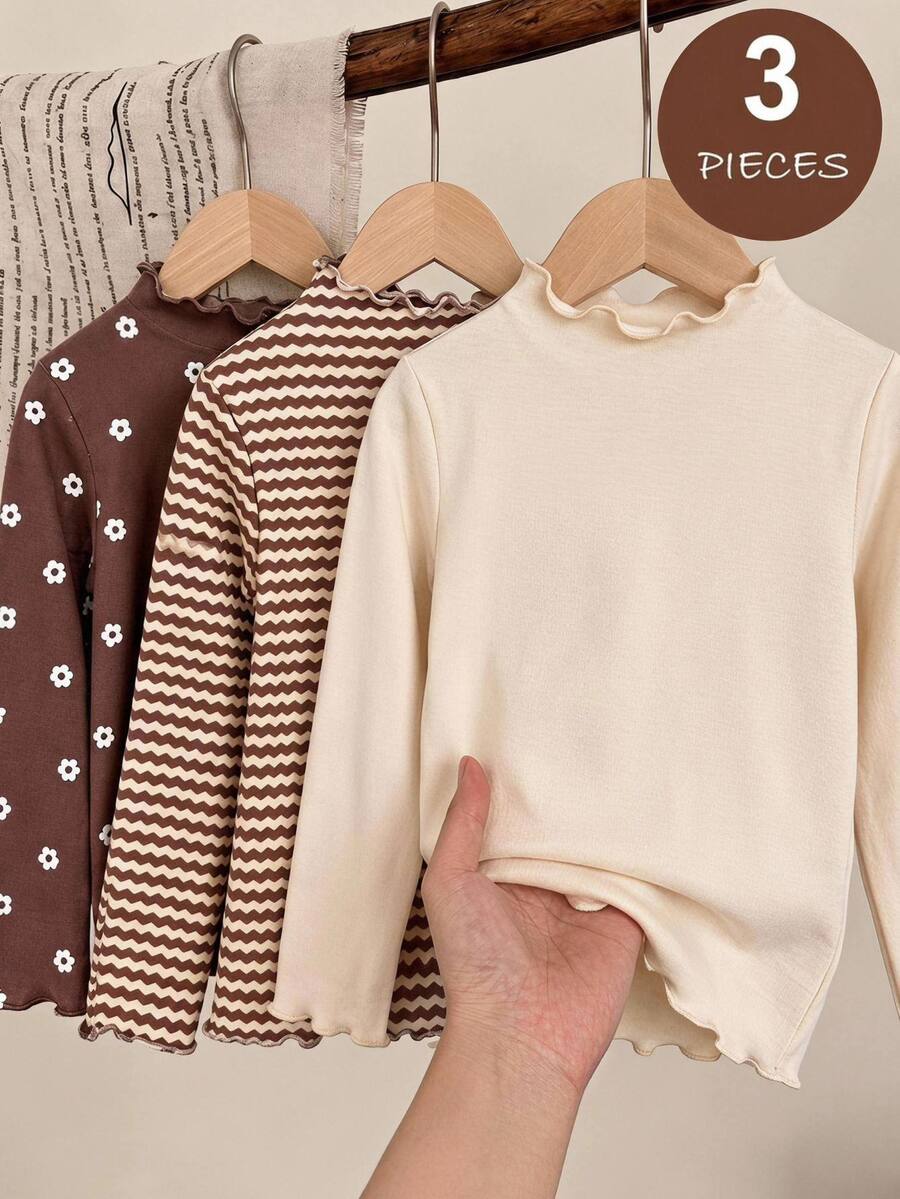 3pcs -Piece Baby Girl Frill Collar Stand-Up Collar Long Sleeve Casual Cute Top - Multicolor - View 1