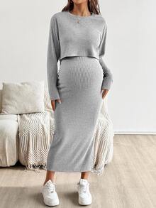 SHEIN 孕婦純色圓領短袖上衣與裙子兩件套 - 淺灰色 - 查看 3