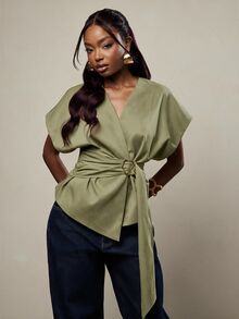 NYA SZN Top Short Sleeve Blouse Gold Hardware Wrap Top Asymmetrical V Neck Wrap Brunch Everyday School Business Workwear Event Party Green Summer Fall Winter - Army Green - View 4