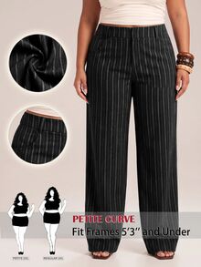 SHEIN PETITE CURVE 大尺碼女款條紋寬腿寬鬆休閒長褲 - 黑色 - 查看 6