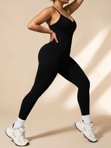 SHEIN Rhythm Era Women's Plus Size Seamless Camisole Back V-Cross Strap Running Fitness Yoga Studio Base Layer 9/10 Length Jumpsuit - Black - View 5