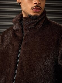 ROMWE MEN Men's Coffee Faux Fur Zipper Stand Collar Jacket - Coffee Brown - View 5