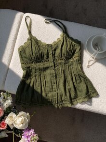 Comfortcana 女款蕾絲拼接收腰綠色細肩帶背心 - 軍綠色 - 查看 4