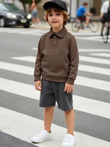 SHEIN Genkimix Kids 小男孩棕色大翻領運動衫，紳士休閒優雅，厚實舒適，適合校園、外出、日常，秋冬春季穿著 - 棕色 - 查看 3