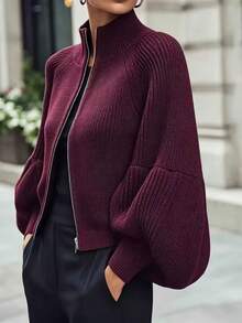 RosyDaze Wine Red Stand Collar Zipper Short Knit Cardigan Plus Size Women's Lantern Petal Sleeve Raglan Sleeve Ribbed Sweater Jacket Autumn/Winter - Burgundy - View 3