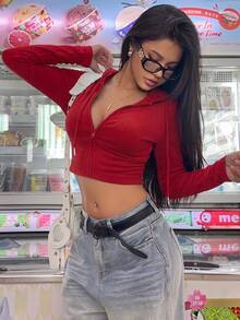 SHEIN EZwear 女款修身拉鍊運動衫，秋冬款，紅色 - 紅色 - 查看 7