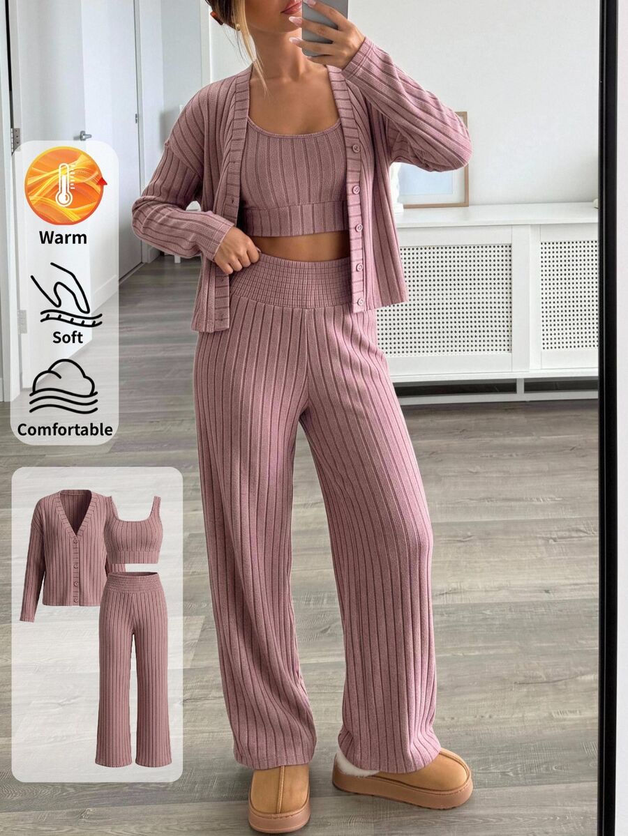 SHEIN BASICS Women's Solid Color Dropped Shoulder Long Sleeve Open Front Top, Cropped Tank Top And Long Pants Casual Set - Coral Orange - View 1