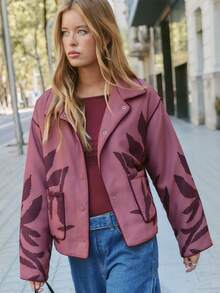 Nöista Quilted Jacket In Pink Colors With Leaves Print And Snap Buttons For Closure, Oversize Look. Fall, Winter, Casual, Outerwear.  - Pink - View 1